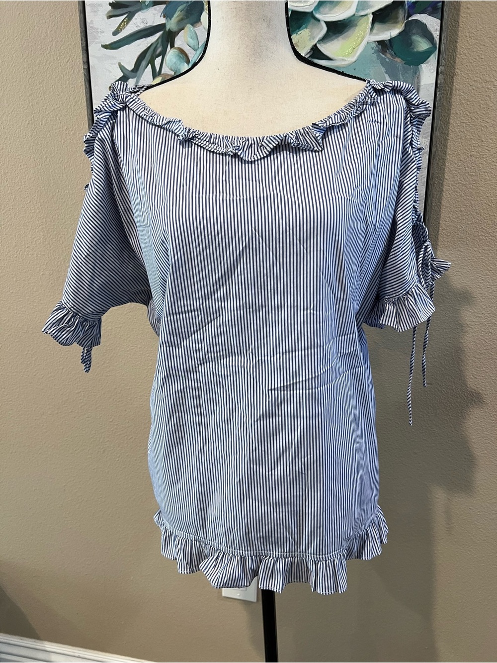 Women's Blue & White Striped Ruffle Blouse